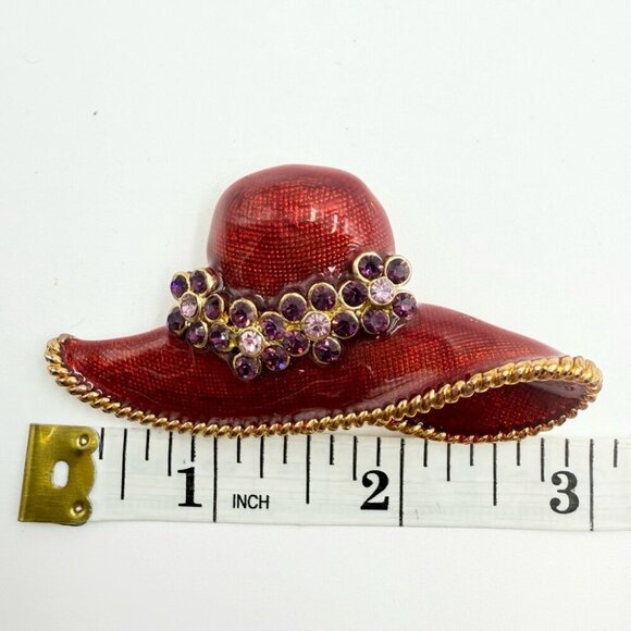 Vintage Large Red Hat Enamel Brooch Gold-Tone PurpleRhinestone Red Hat Lady - Picture 4 of 4